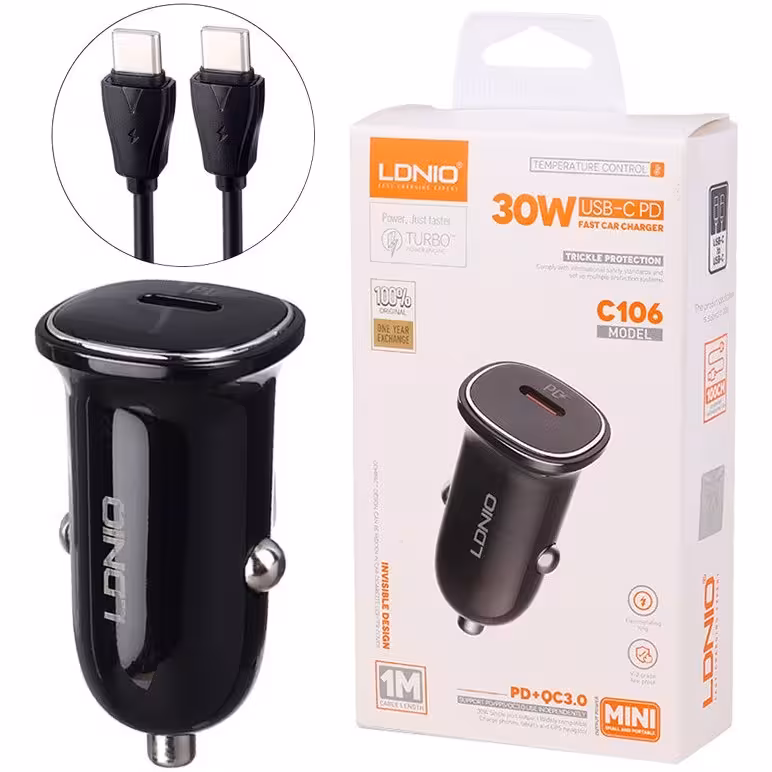 شارژر فندکی 30 وات با کابل همراه الدینیو LDNIO Car Charger C106