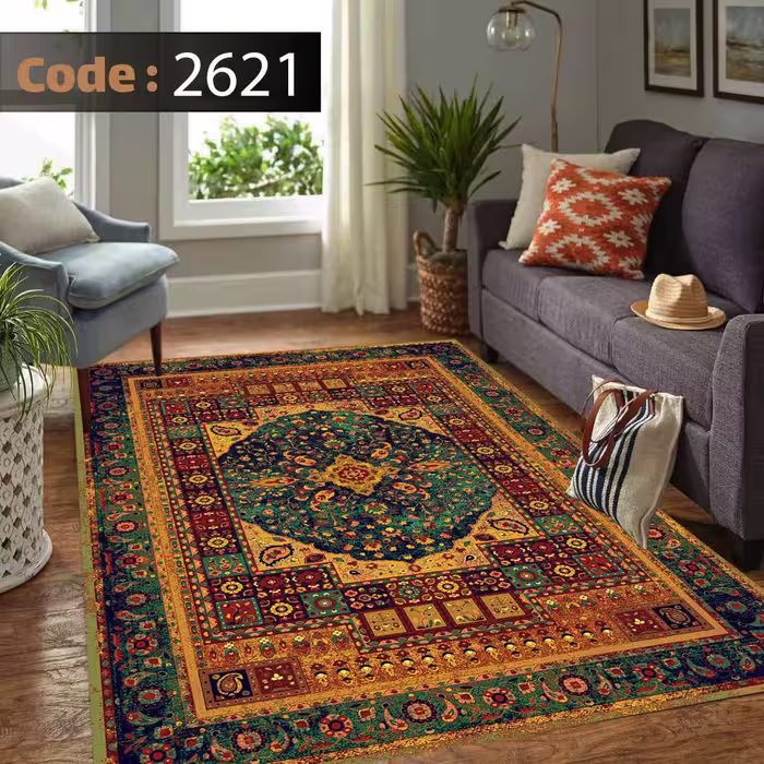 کاورفرش روفرشی دورکشدار گوشه لیفه ای لاکی ، آبی و متنوع کد 2621