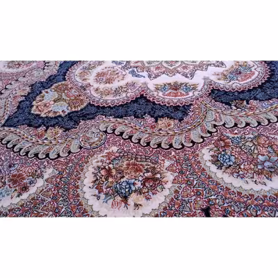 فرش ماشینی زمرد مشهد مدل گلنما زمینه سرمه ای