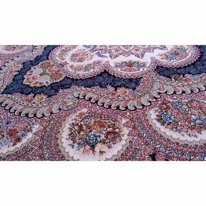 فرش ماشینی زمرد مشهد مدل گلنما زمینه سرمه ای