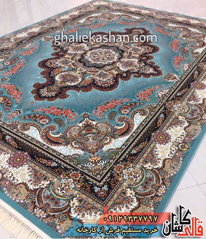 فرش 1000 شانه طرح ستاره زمینه آبی فیروزه ای کاشان