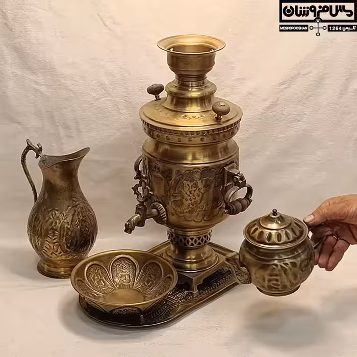 سرویس سماور زغالی برنجی قلم آنتیک 2.5 لیتر مدل خورشیدی