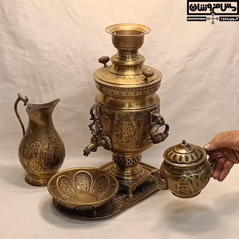 سرویس سماور زغالی برنجی قلم آنتیک 2.5 لیتر مدل خورشیدی