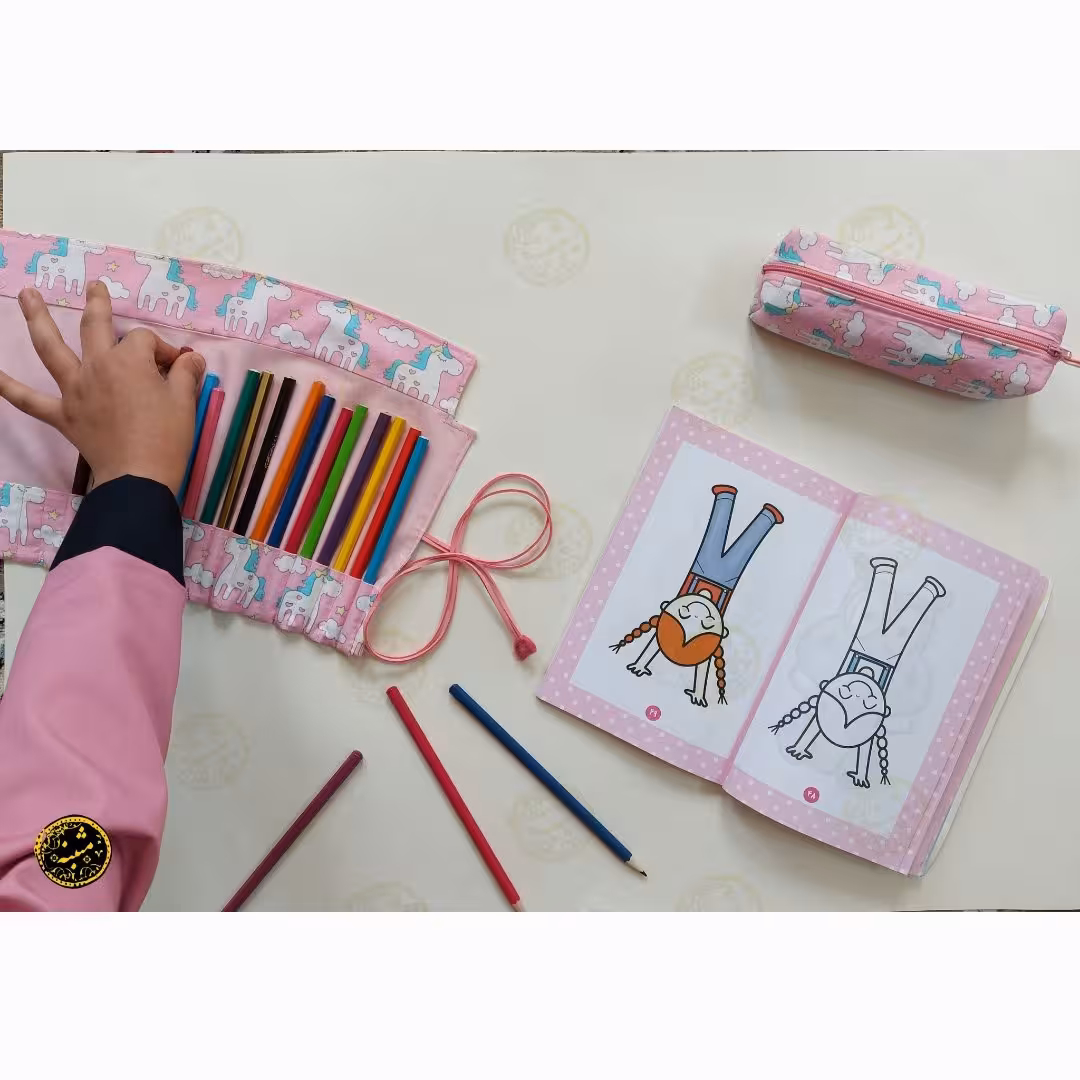 جامدادی رولی پارچه ای24 تایی یونیکورن صورتی،با جامدادی