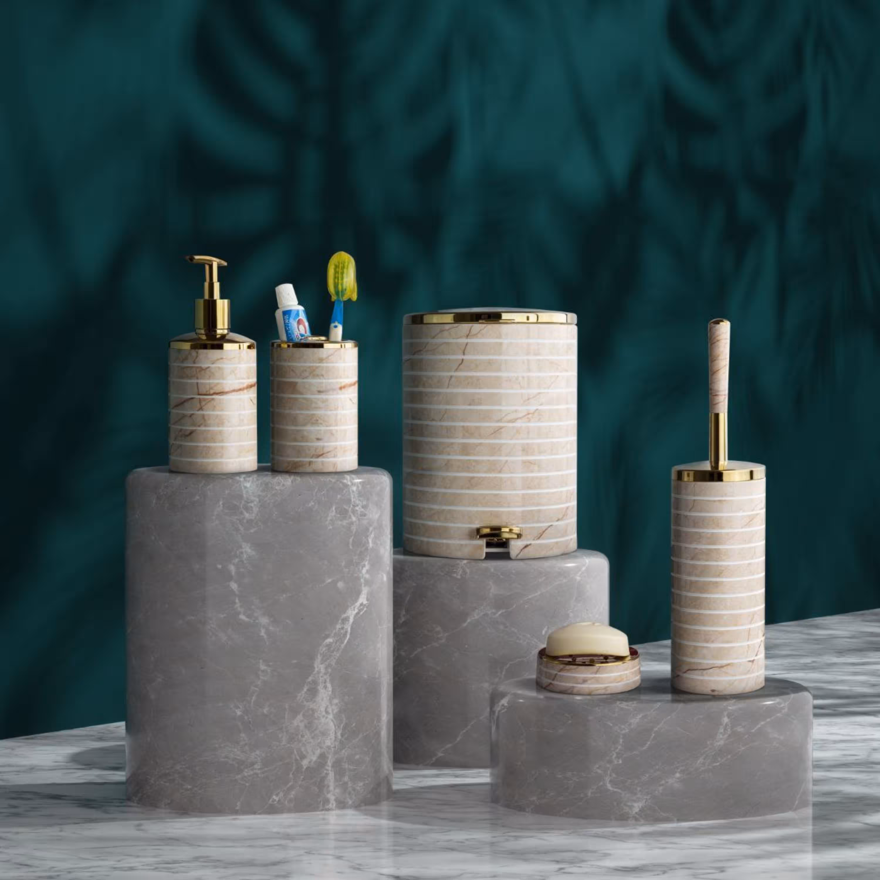 ست 5 تیکه حمام و دستشویی ویولت ماربل وانیلی طلایی