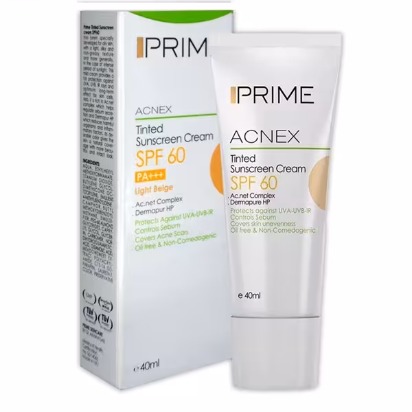 کرم ضد آفتاب بژ روشن پرایم مناسب پوست مختلط تا چرب SPF60 حجم 40 میلی لیتر | Acnex Tinted Sunscreen Cream Beige SPF 60 PRIME 40ml