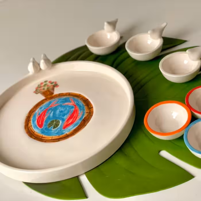 هفت سین طرح حوض ماهی سرامیکی دستساز نقاشی زیر لعابی قابل شستشو(فروش عمده)