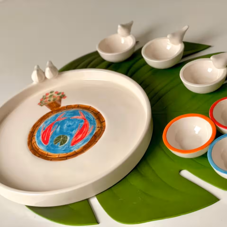 هفت سین طرح حوض ماهی سرامیکی دستساز نقاشی زیر لعابی قابل شستشو(فروش عمده)