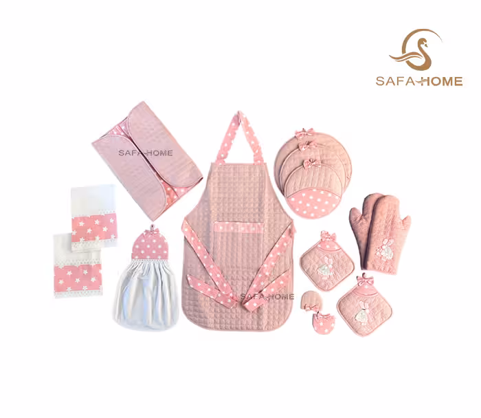 سرویس آشپزخانه پارچه ای عروس 14 تکه پنبه دوزی شده طرح ستاره صورتی