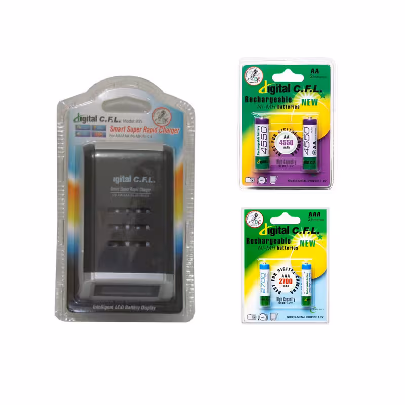 شارژر باتری سی اف ال مدل 905 همراه 2 باتری قلمی 4550mAh و 2 باتری نیم‌قلمی 2700mAh