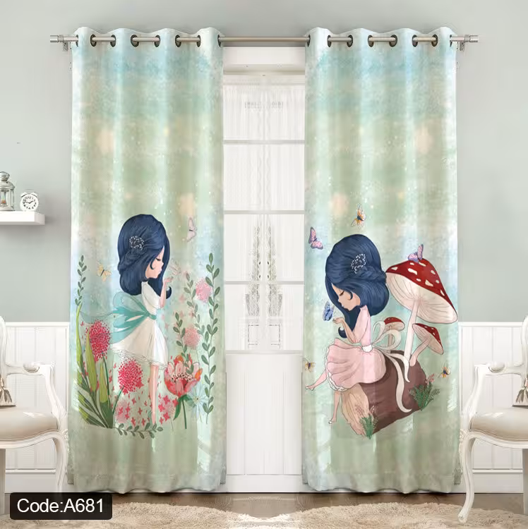 پرده پانچی مخمل چاپی دخترانه کد 681