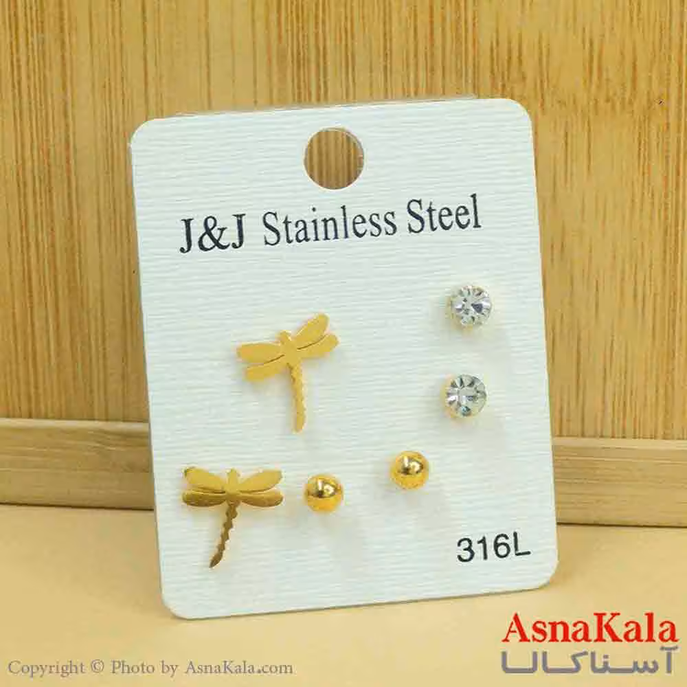 گوشواره زنانه استیل پک 3جفتی مدل میخی طلایی کد GSH151283W