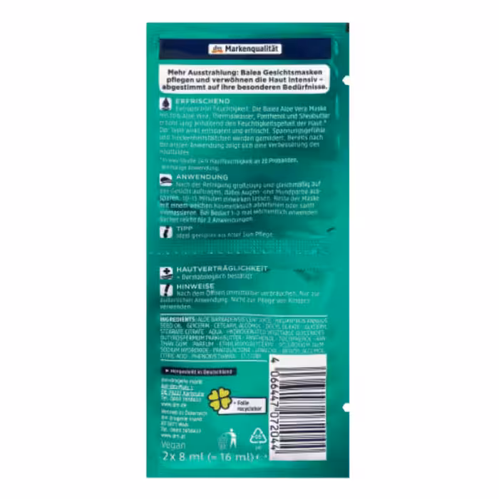 ماسک صورت باله آ مدل آلوئه ورا حجم 16 میلی لیتر