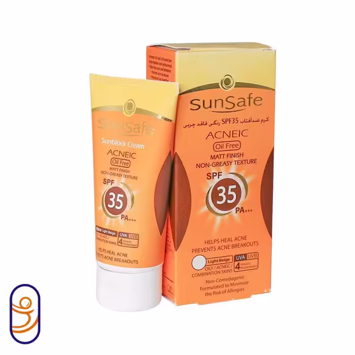 کرم ضدآفتاب فاقد چربی SPF35 کرم پودری بژ روشن مناسب پوست چرب و آکنه ای سان سیف