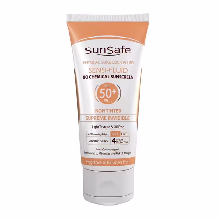 فلوئید ضد آفتاب فیزیکال SPF50 برند سان سیف مناسب پوست حساس