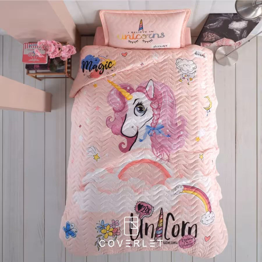 روتختی پنبه دوزی دخترانه طرح اسب تک شاخ مدل Pink dreams