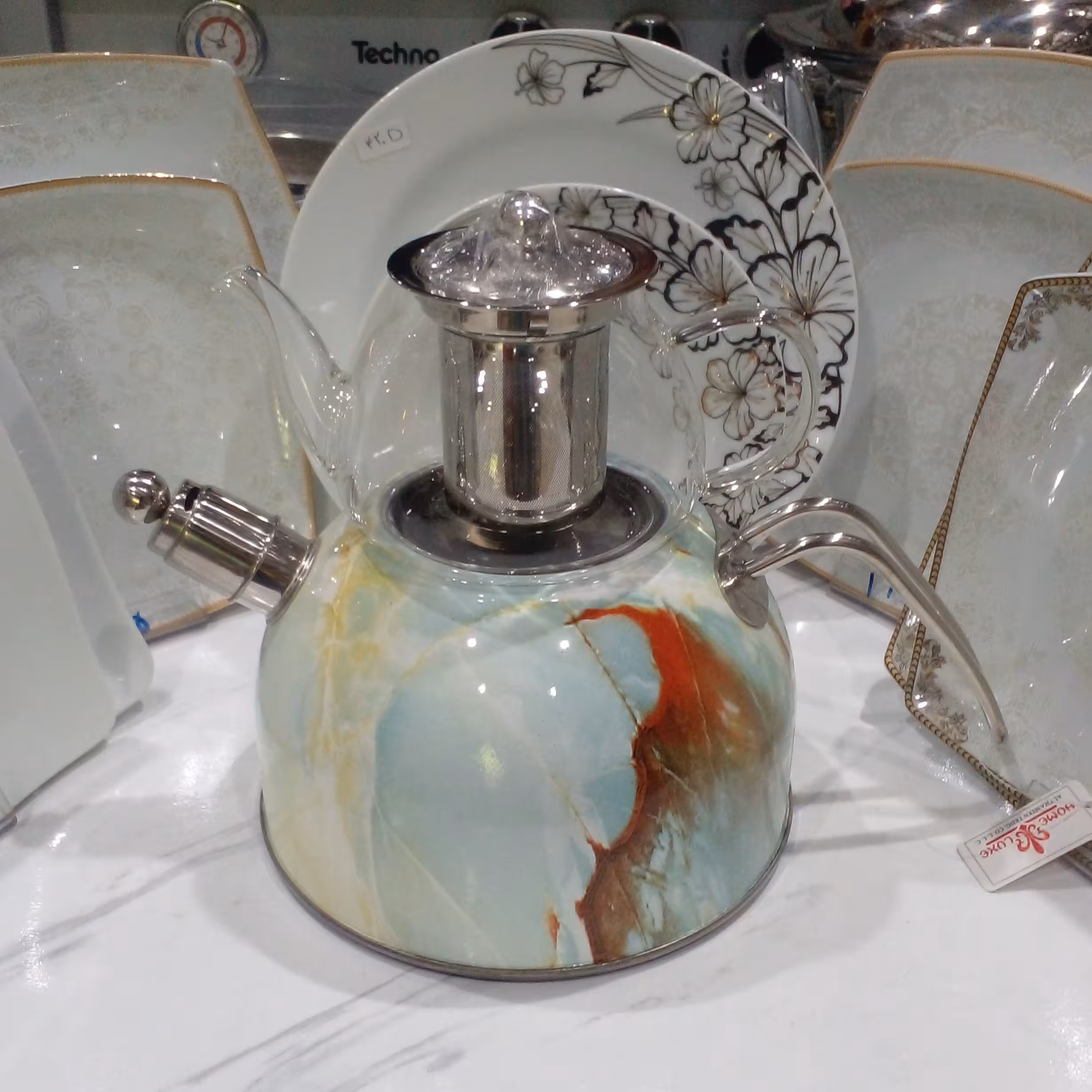 کتری قوری صوتی طرح سنگ کف چدن استیل محکم قوری پیرکس دسته استیل محکم 