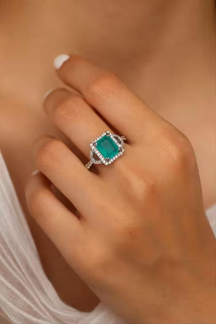 انگشتر دابلت زمرد کلمبیایی نقره زنانه کد 11033