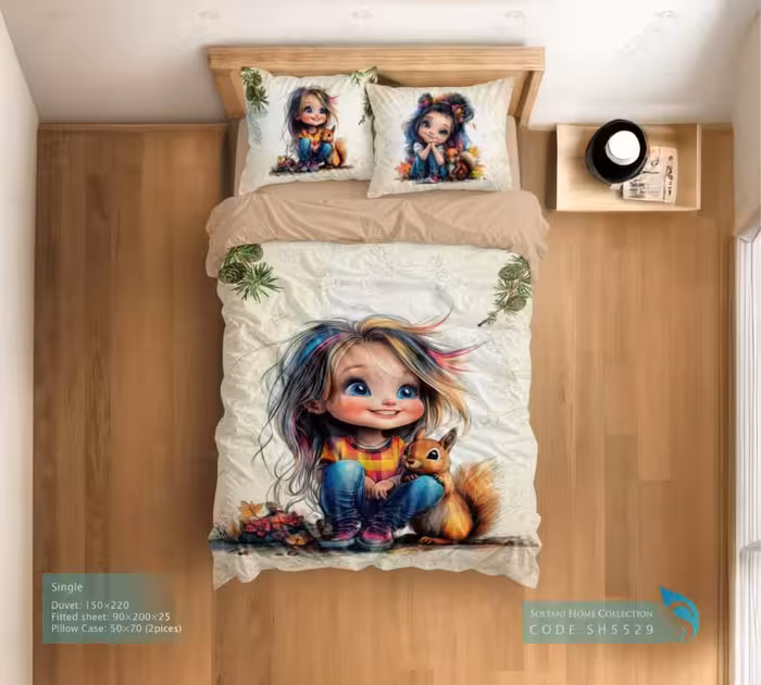 روتختی و ست کامل طرح دختر و سنجاب کوچولو سایز یکنفره کد SH5529