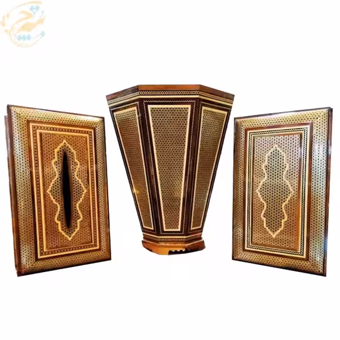 ست سه تکه خاتم کاری جعبه دستمال، سطل، جاکاردی شیشی