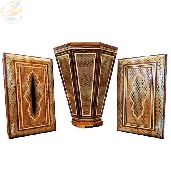 ست سه تکه خاتم کاری جعبه دستمال، سطل، جاکاردی شیشی