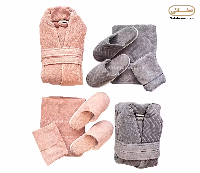 سرویس حوله عروس و داماد مدل کاپرین طوسی و کالباسی