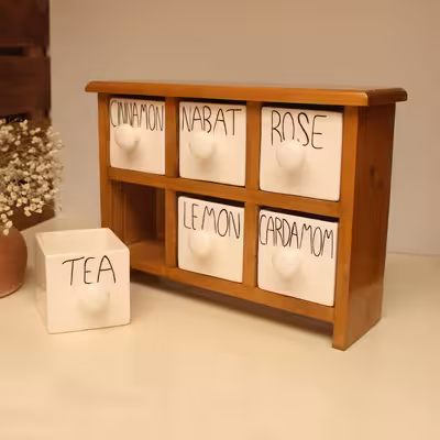 جای ادویه 6 پارچه مدل چوبی و سرامیکی کد Text06
