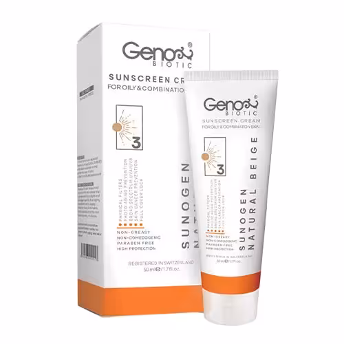 کرم ضدآفتاب بژ طبیعی SPF50 مناسب پوست چرب و مختلط ژنوبایوتیک 50 میلیلیتر GenoBiotic