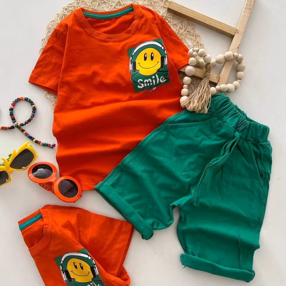 ست تیشرت شلوارک استیکر اسپرت دخترونه پسرونه مناسب ست بیرونی تک رنگ  چهارسایز 45-50-55-60