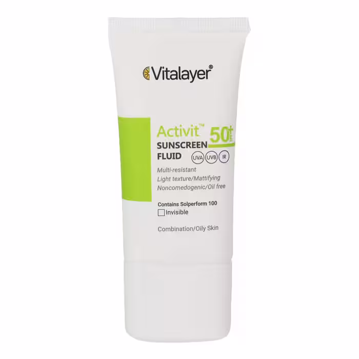 فلوئید ضد آفتاب SPF50 پوست چرب اکتی ویت ویتالیر 50 میلی لیتر(بی رنگ) Vitalayer SPF50 Activit Sunscreen Fluid For Oily Skin 50 ml