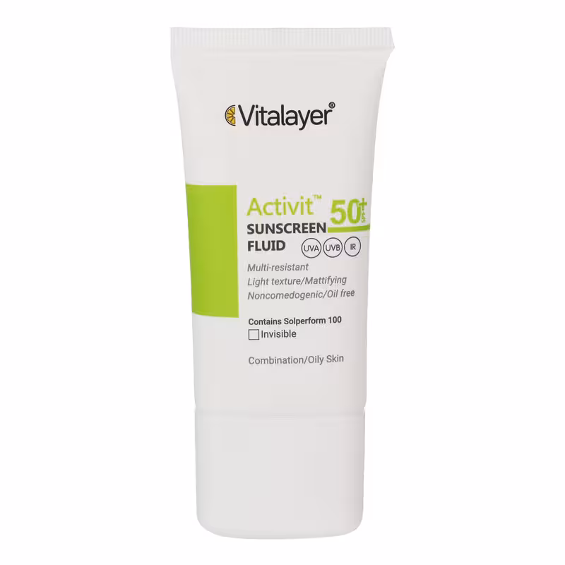فلوئید ضد آفتاب SPF50 پوست چرب اکتی ویت ویتالیر 50 میلی لیتر(بی رنگ) Vitalayer SPF50 Activit Sunscreen Fluid For Oily Skin 50 ml