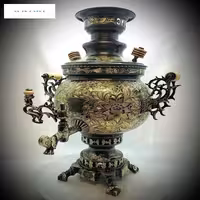 سماور زغالی برنجی مدل توپی دسته توری، ریز قلم بسیار زیبا و ظریف، کیفیت بالا