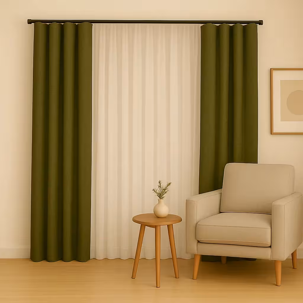 پرده مینیمال ترکیب حریر و کتان سبز زیتونی کد 18
