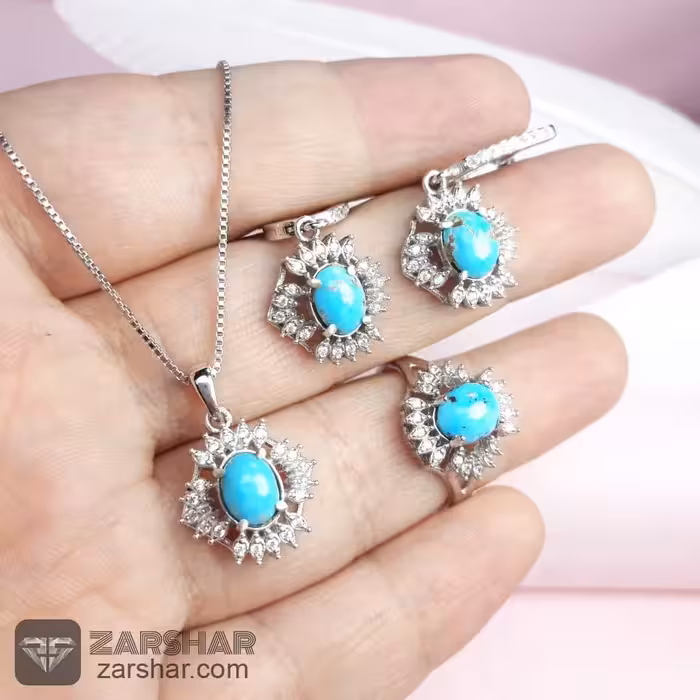 نیم‌ ست زنانه فیروزه نیشابوری با نقره 925 و روکش اب رادیوم