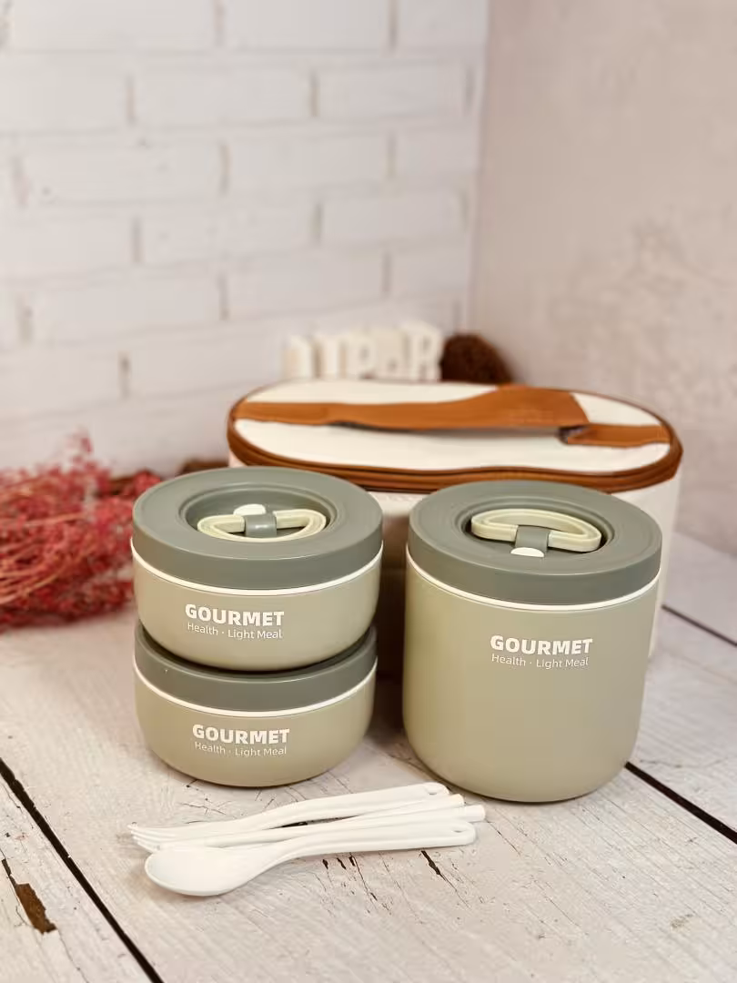 لانچ باکس داخل پلاستیک گرد 3 تایی کیف دار کد 5968