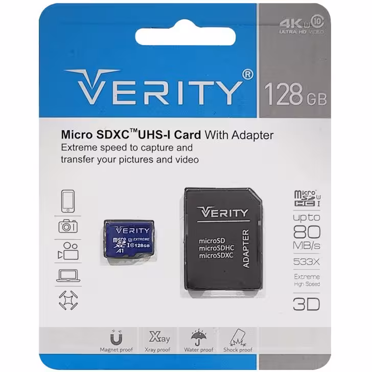 کارت حافظه microSD وریتی مدل U3 سرعت 80MBps ظرفیت 128 گیگابایت به همراه آداپتور SD
