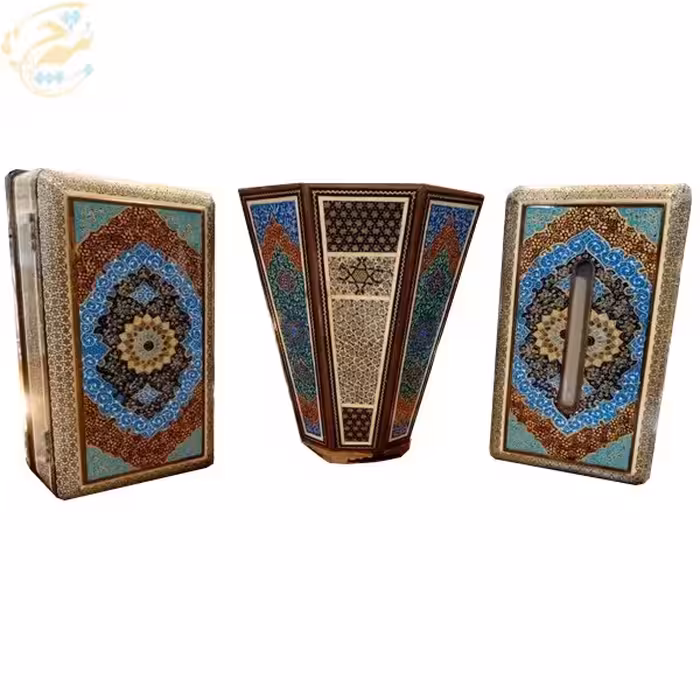 ست سه تکه خاتم کاری جعبه دستمال، سطل و جاکاردی تذهیب