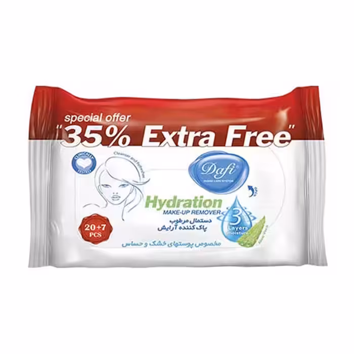 دستمال مرطوب پاک کننده آرایش صورت مدل آب رسان دافی 27 عددی