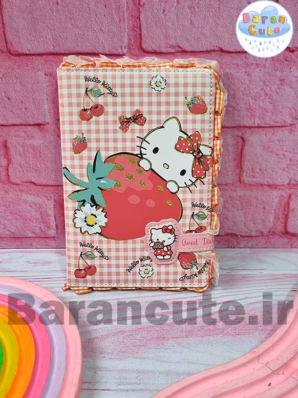 دفتر فانتزی توردار مگنتی داخل طرح دار طرح کیتی توت فرنگی