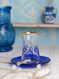استکان و نعلبکی هایبلی لب‌طلا گل آبی