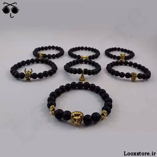 دستبند مهره ای سنگ اونیکس با پلاک طلایی