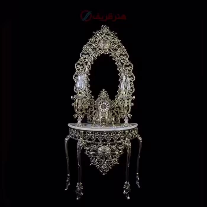 سرویس آینه کنسول بیضی طرح آبنوس جنس آلومینیوم و رنگ طلایی