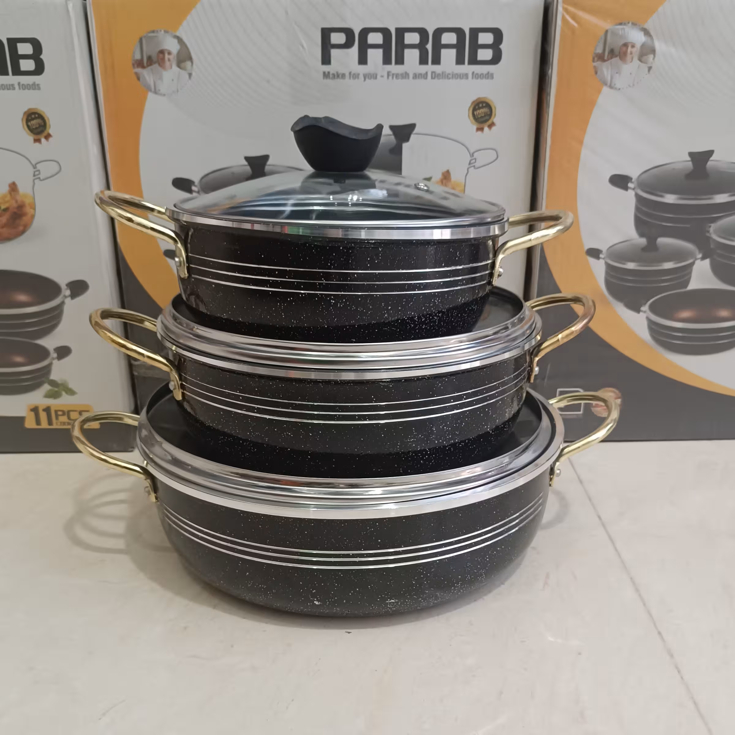 سرویس تابه 3 پارچه دو دسته گرانیت مشکی پاراب ( بدون درب) 