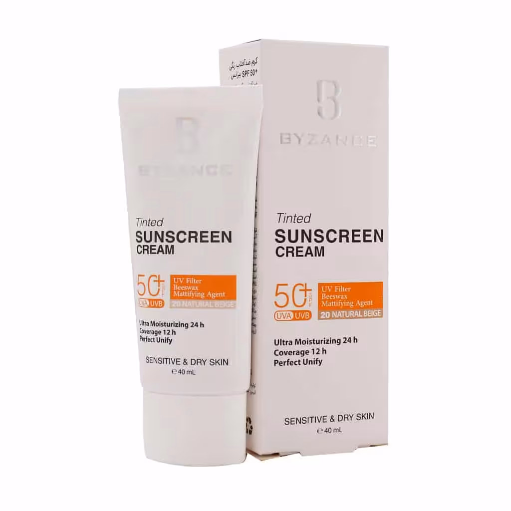 کرم ضد آفتاب کرم پودری بژ طبیعی  SPF50 بیزانس مناسب پوست خشک و حساس 40 میلی لیتری