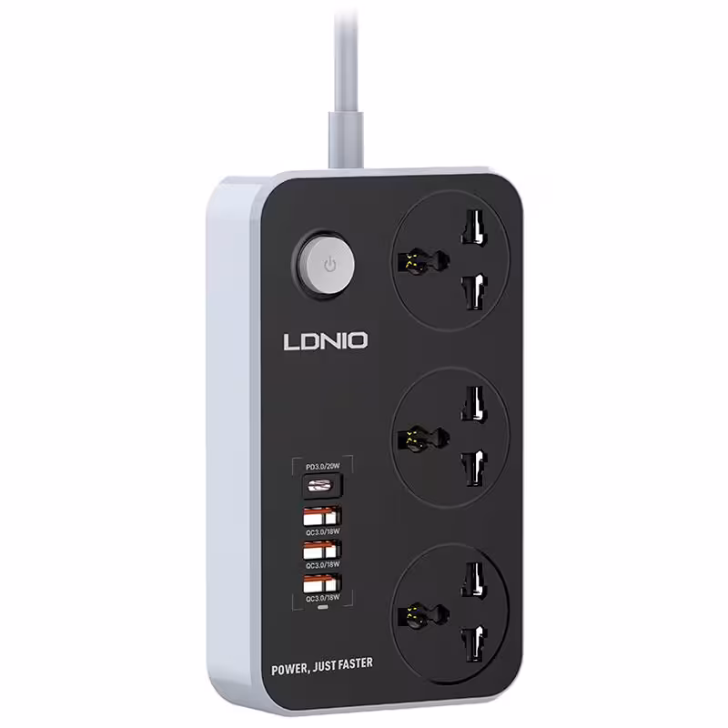 چند راهی 3 خانه برق ارت دار الدینیو مدل SC3412 با کابل 200 سانتی متری و 3 پورت USB و 1 پورت تایپ سی