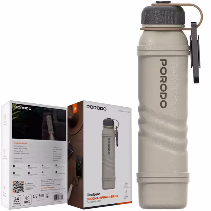 پاور بانک پورودو Porodo مدل PDNDC016KH با ظرفیت 5000 میلی‌آمپر، دارای چراغ قوه و فندک