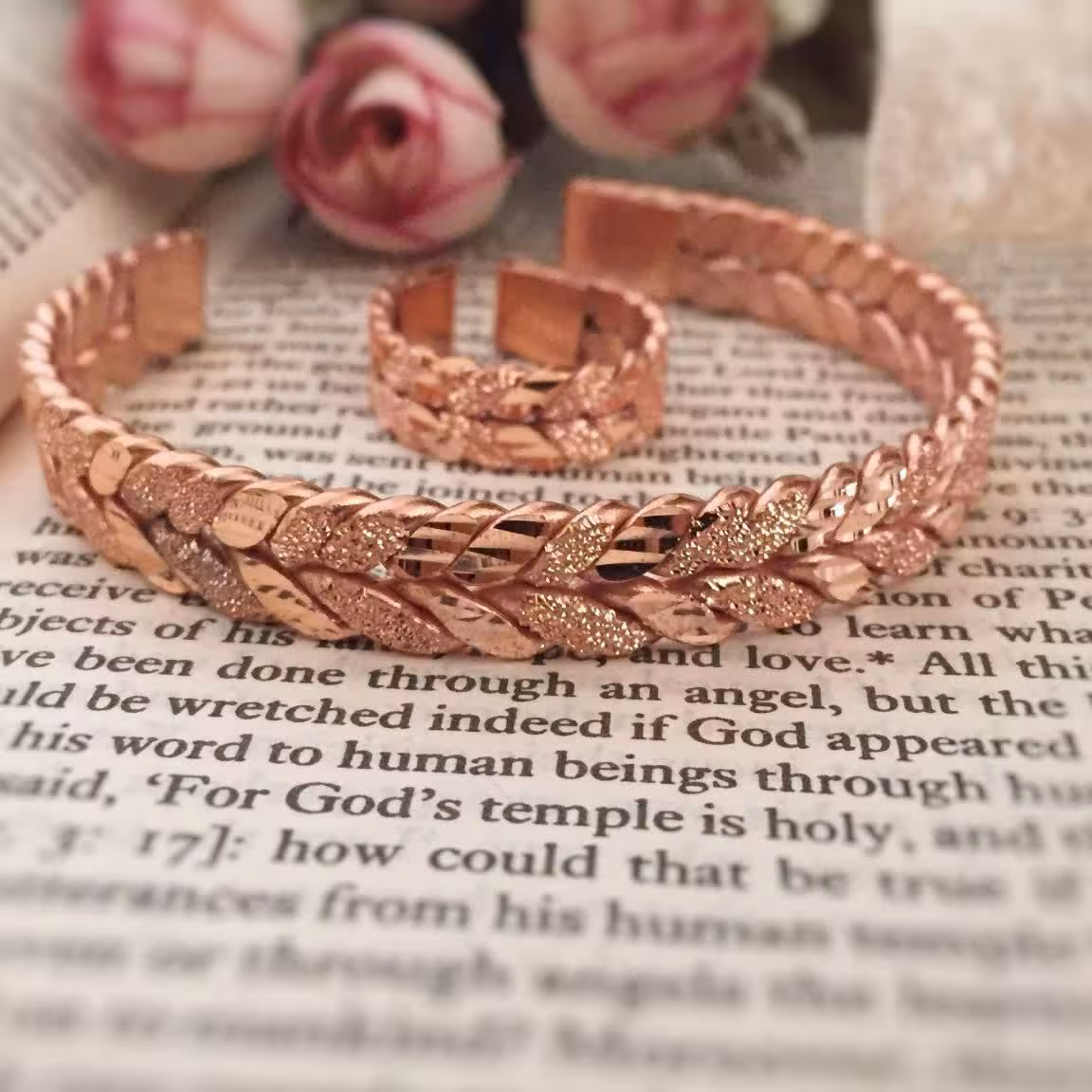 ست دستبد وانگشتر مسی بافت گندمی