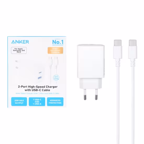 شارژر دیواری 20 وات انکر دو پورت مدل B2348G21 تکنولوژی IQ3 به همراه کابل Type-C به Type-C