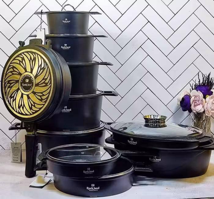 سرویس قابلمه 14 پارچ راکلند مشکی (باضمانت نامه شرکتی)(ضدخش)متریال چدن بسیار باکیفیت