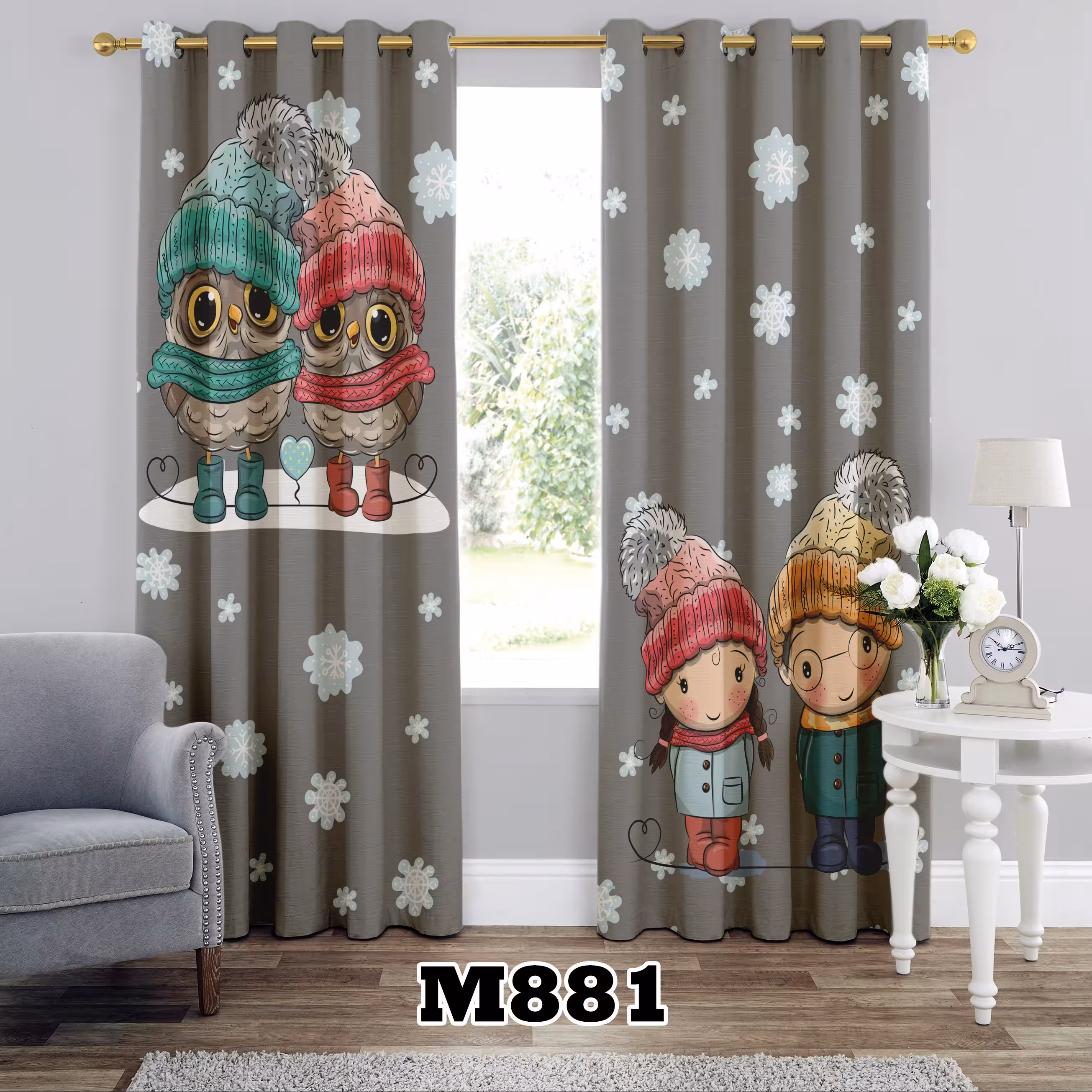 پرده چاپی کودک و نوجوان طرح جغد کد M881 تک قواره ارتفاع 300 عرض 140 سانت